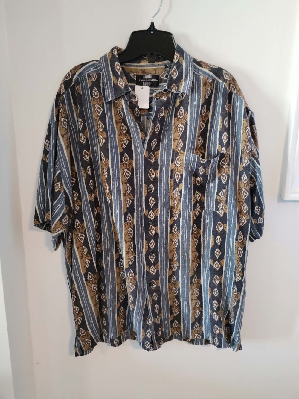 Men's Vintage Short Sleeve Button-Up Shirt - Blue & Brown Striped Print - L